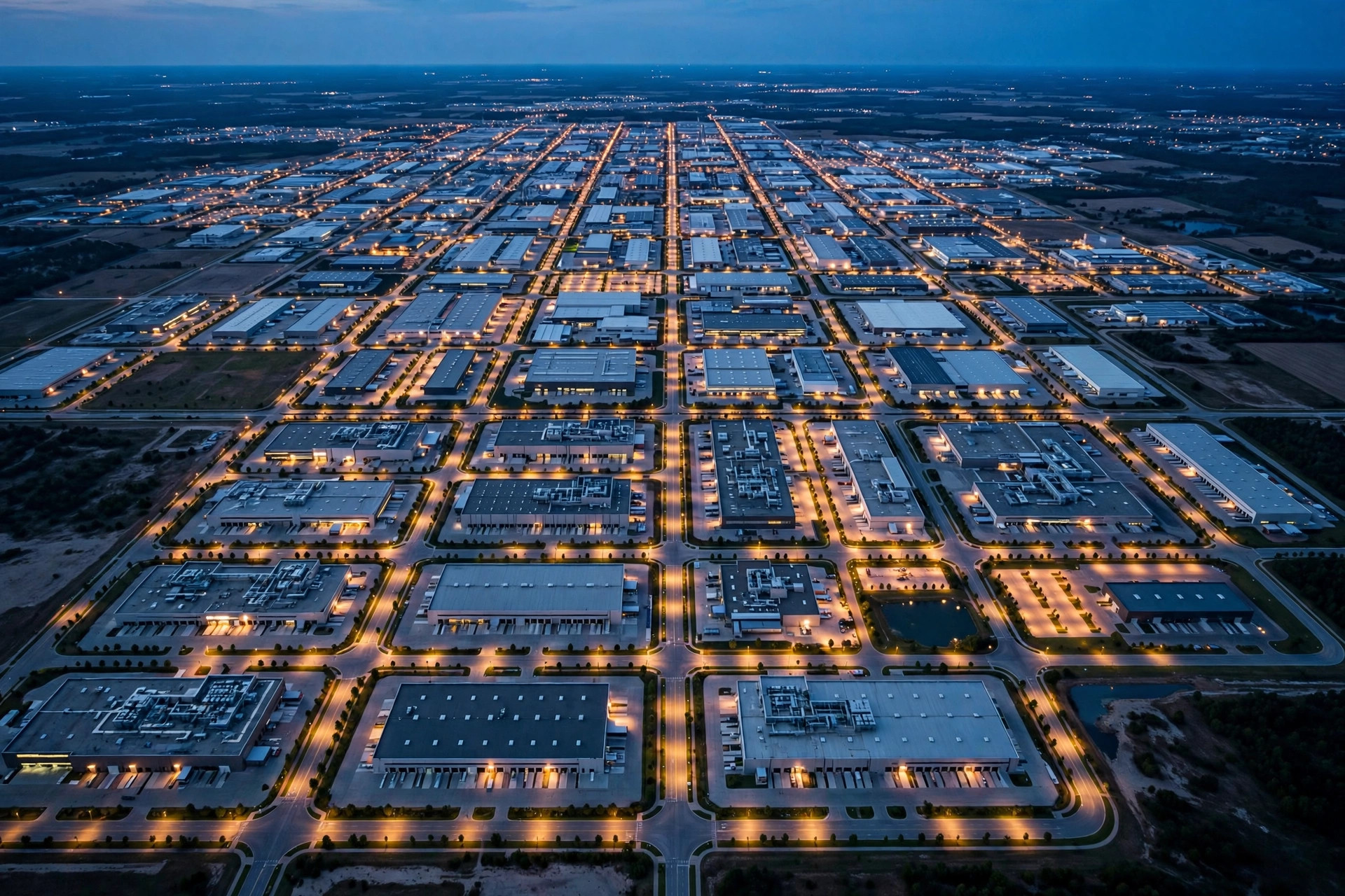 Aerial view of a modern industrial park at dusk