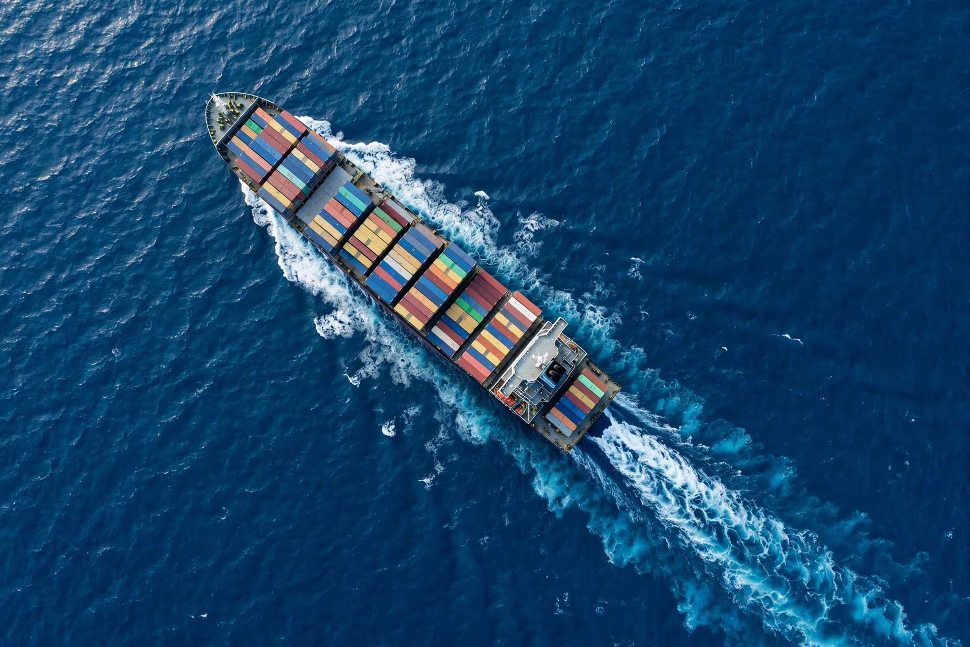 Container ship sailing on open sea, aerial view