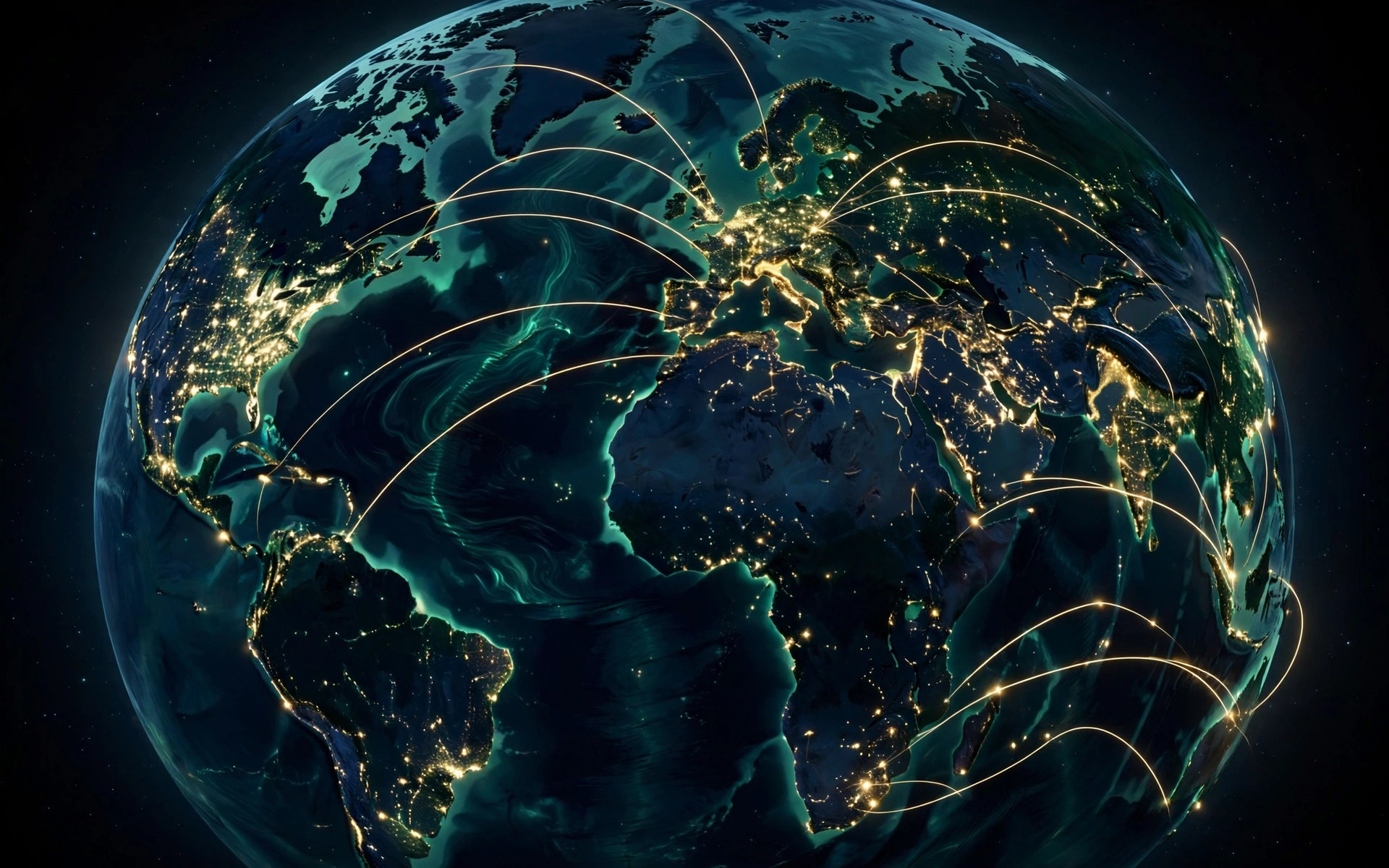 Stylized globe with glowing arcs connecting nations