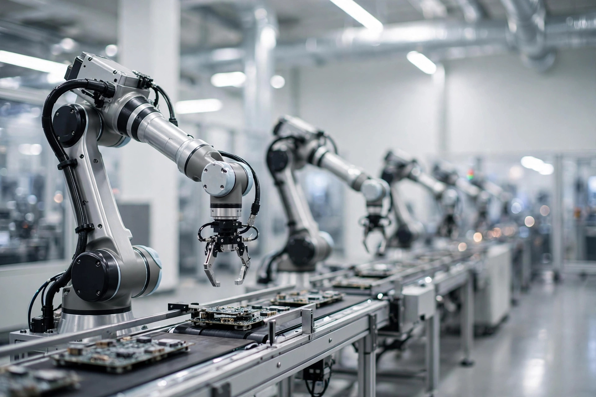 Automated factory interior with robotic arms
